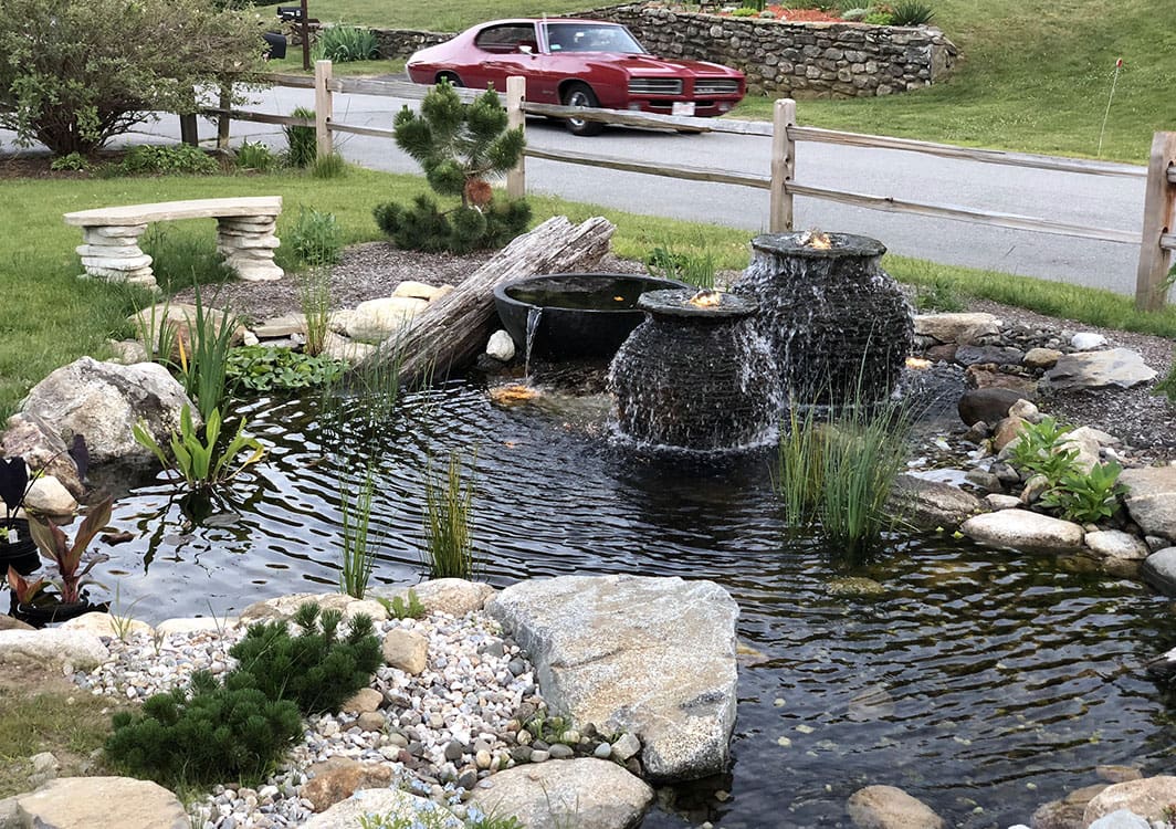 Bubbling boulder fountain in a small courtyard