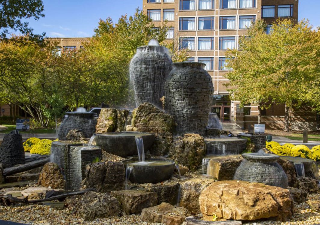 Fountainscape near a covered porch