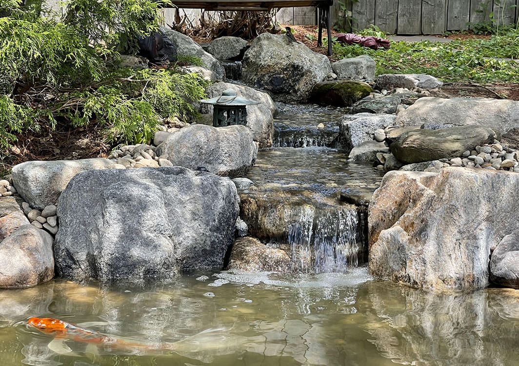 Pond liner and underlayment set into a freshly dug basin