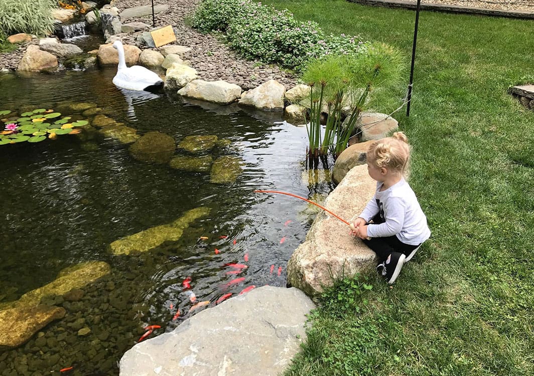 Setting boulders along the shelf of a new ecosystem pond