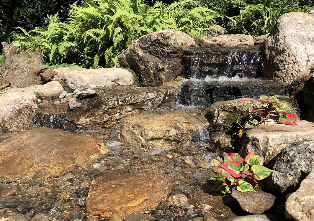 Pondless waterfall with a naturalized planted surround