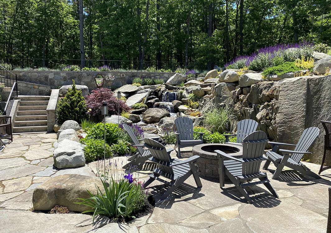 Pondless waterfall built into a retaining wall