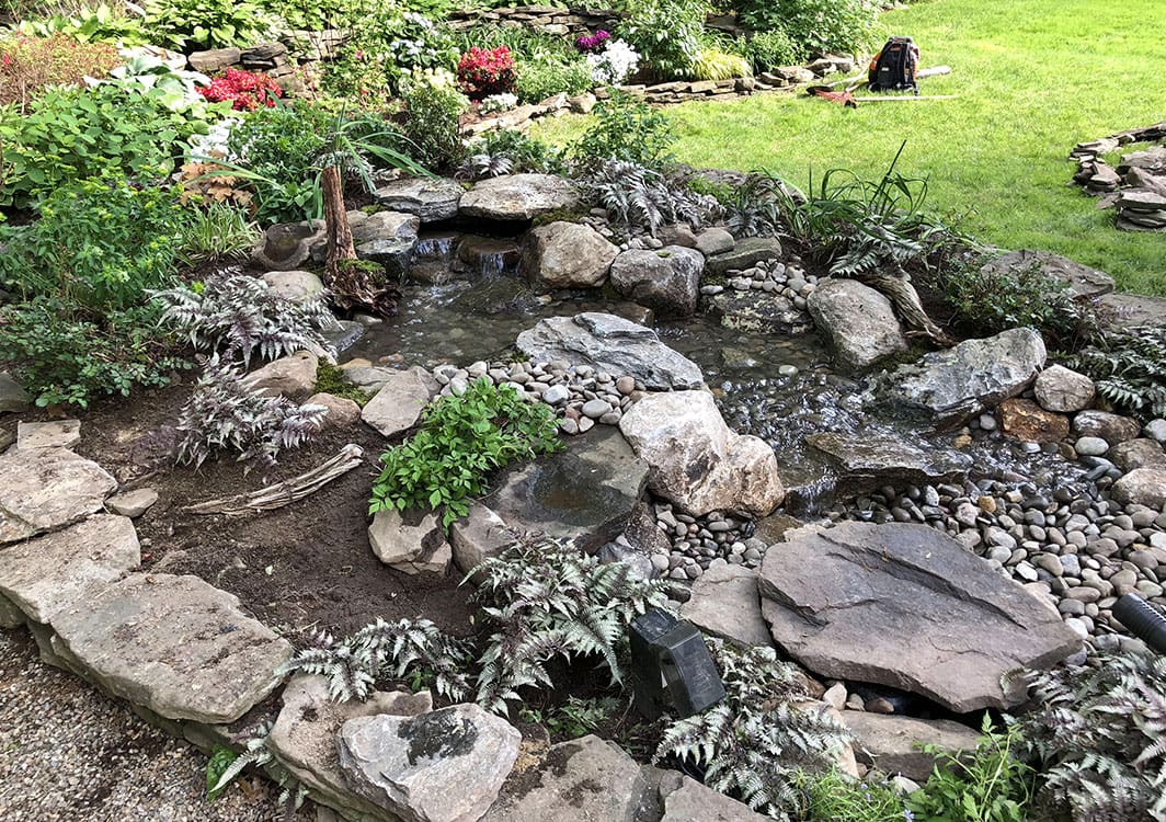 Wide pondless waterfall with a broad spillway stone