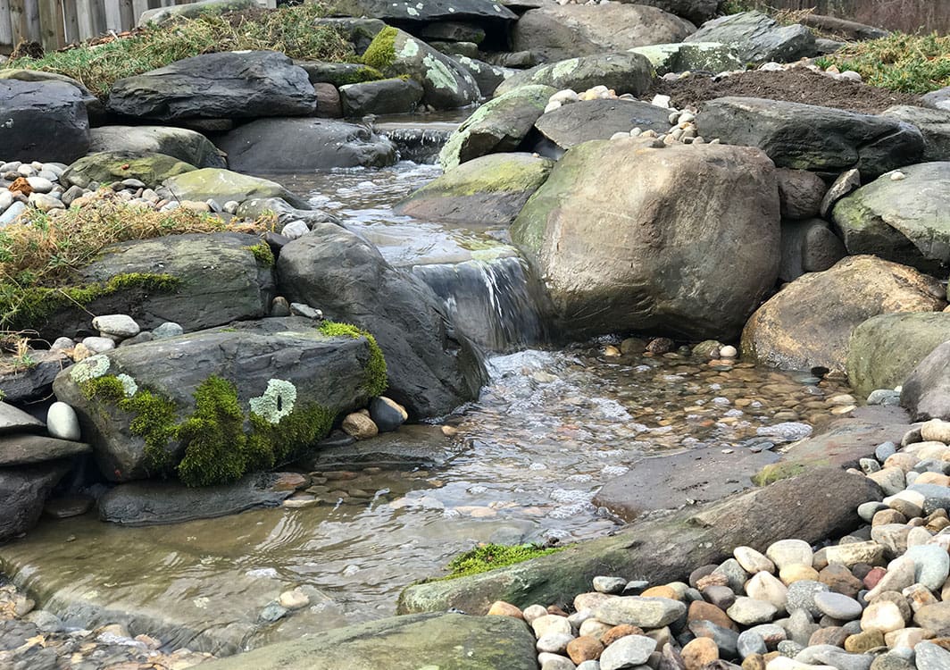 Pondless stream feature beside a garden path