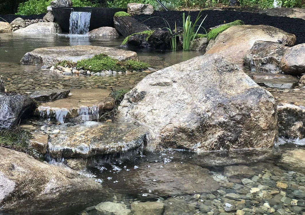 Large pondless waterfall, 20 ft length, built by New England Aquatic Landscaping