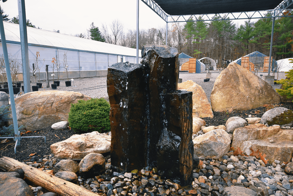 Rock waterfall feature in garden center display